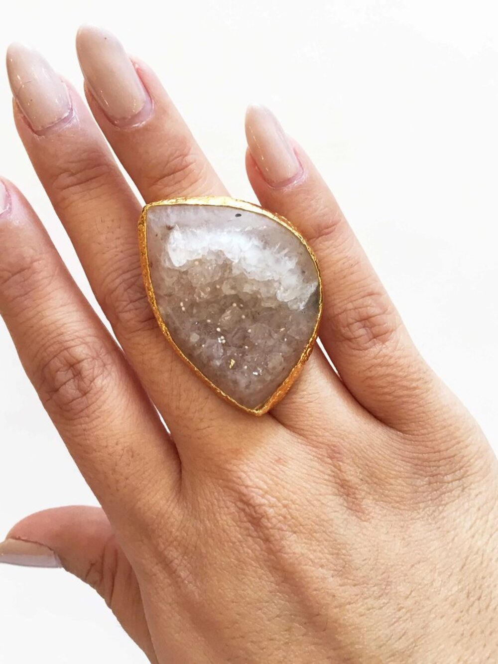 Large Clear Druzy Quartz Crystal Natural Stone Gold Ring
